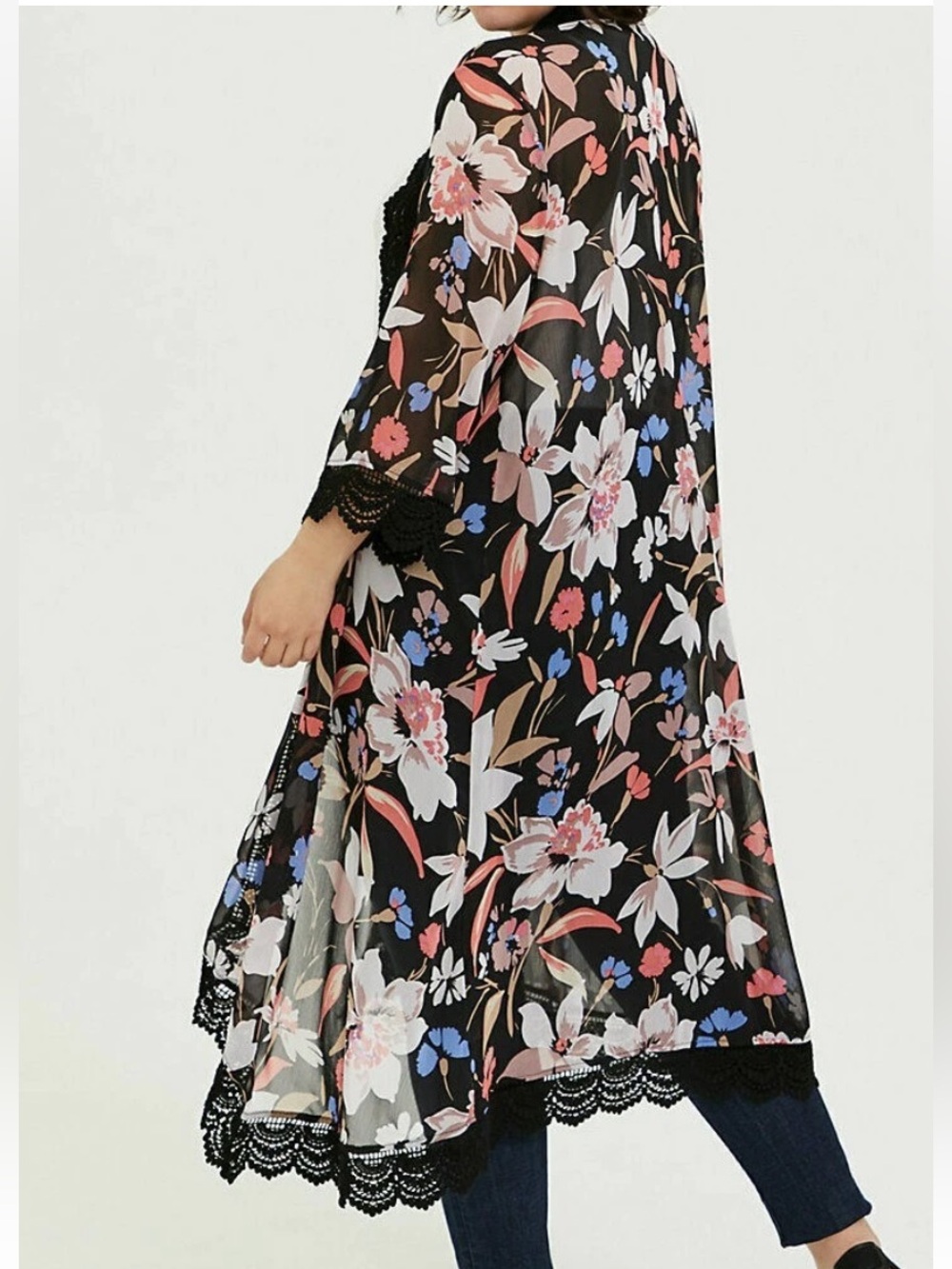 Torrid Floral Lace-Trim Sheer Kimono Duster - Black Floral sz 1X - Picture 2 of 16